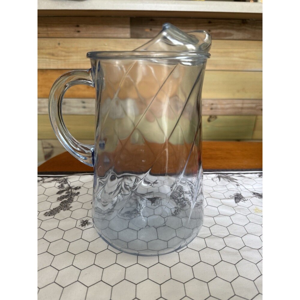 Vintage Indiana Water Glass Pitcher w Ice Lip Light Blue Twisted Optic Swirl 9"
